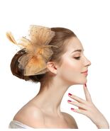 Unpifolov Fascinators Flower Mesh Feathers Headwear Dark Yellow - $16.53 CAD