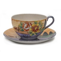 Orange and Purple Lusterware Tea Cup and Saucer Floral Hand Painted Vintage - £9.62 GBP