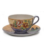 Orange and Purple Lusterware Tea Cup and Saucer Floral Hand Painted Vintage - $11.85