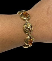Antique PR. ST. Co 1/20 12k kt Gold on Sterling Flower Glass Citrin Bracelet 7” - $84.99
