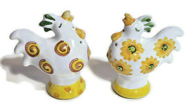 Chickens Rooster Salt &amp; Pepper Shakers Whimsical Porcelain White Yellow Design - £17.98 GBP