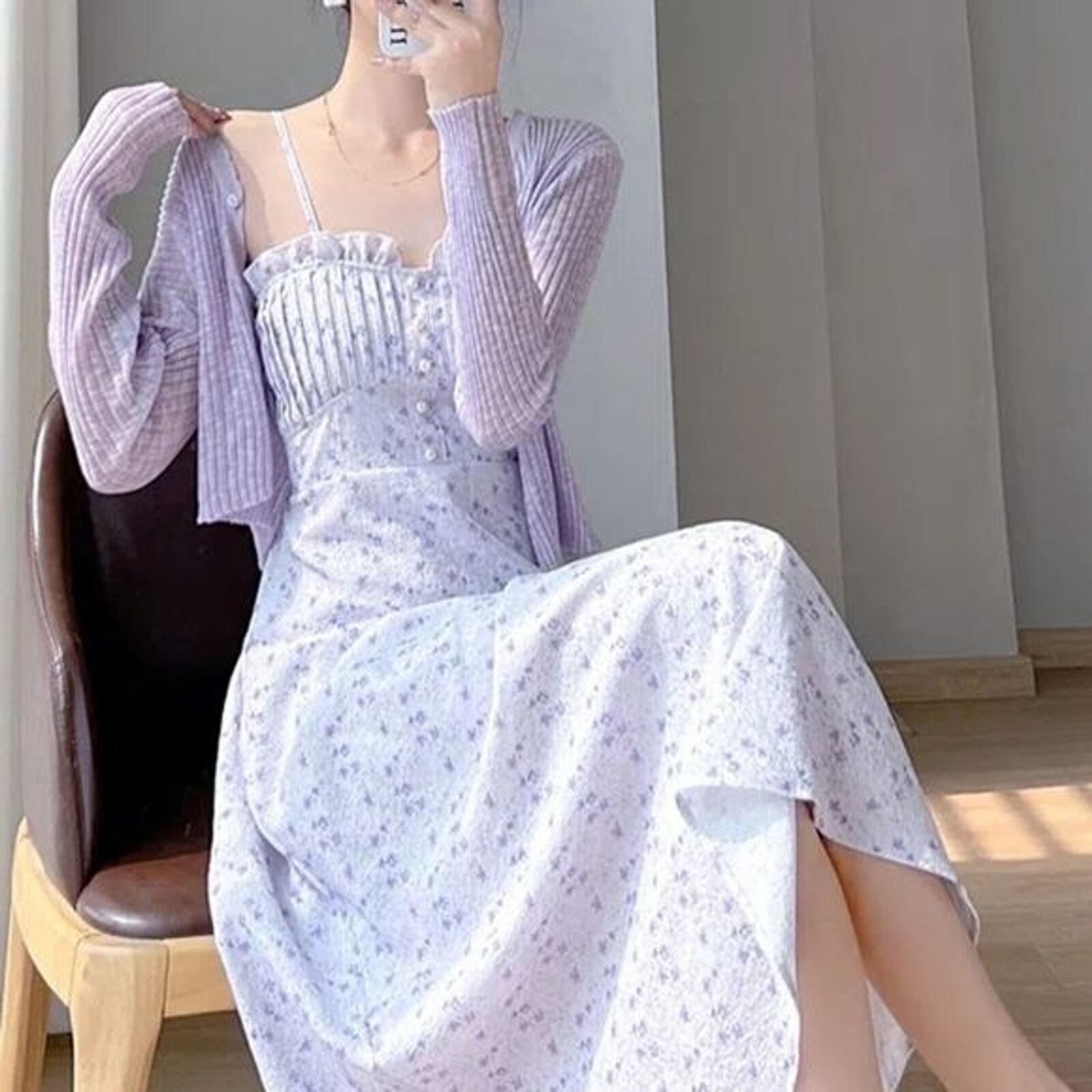 Misty Floral Midi Dress &amp; Cardigan Set | Women Floral Retro Dress Knit Top - $49.00