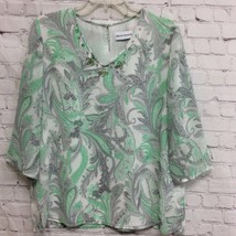 Alfred Dunner Womens Blouse Green Floral Print 3/4 Sleeve V Neck Embellished 12 - £14.98 GBP