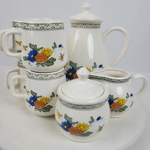 Vintage Taiwan Hand Crafted Ceramic Teapot 4 Mugs Sugar Creamer SET Cott... - $35.53