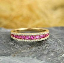 2.10 CT Round Pink Ruby Diamond Women&#39;s 14K Yellow Gold Finish Wedding Ring Band - £85.95 GBP