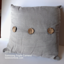 Gray Soft Linen Wood Buttons Zip Cottage Core Throw Toss Pillow Cushion Luxury - £27.96 GBP