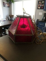 mid century brass and red plastic hanging pendulum light chandelier - plugged - £39.56 GBP