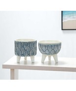 Set of Two Blue And White Polyresin Geometric Pot Planters - $3,696.35 MXN