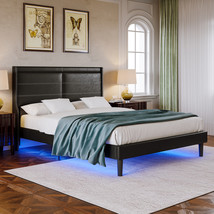 Queen Size PU Leather Upholstered Bed Frame Platform Bed Frame with Led Lights - £227.23 GBP