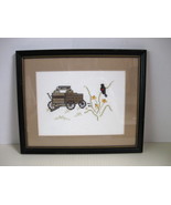 Vintage Framed Cross Stitch Rustic Country Buckboard and Bird Wall Decor - $15.00
