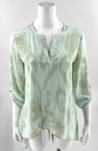 Chicos Tunic Top Size S / 0 Mint Green Tan Roll Tab Sleeve Layered Crossover Hem - £24.86 GBP