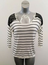 Studio Y Women&#39;s White Black Striped Sweater Size XL 3/4 Sleeve Lace Trim  - £8.69 GBP