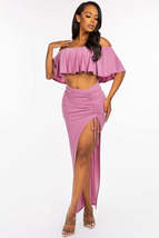 Mauve Pink Off The Shoulder Ruffled Cropped Top And Ruched Maxi Skirt ou... - $19.00