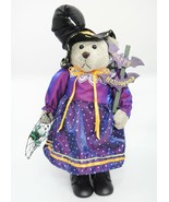 Stuffed Plush Halloween Bear Dressed as Witch Purple Dress Black Hat Spi... - $14.10