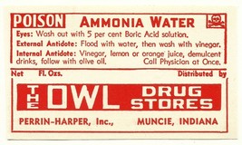 1 Antique Pharmacy Label AMMONIA WATER Poison w/ Skull Owl Drug Stores M... - $28.11