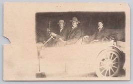 RPPC Early Automobile Enthusiasts Three Men In Vintage Car Sepia Tone Postcard - £37.60 GBP