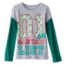 Girls Shirt Christmas #1 ON SANTAS LIST Gray Green Mudd Long Sleeve Top-... - $13.86