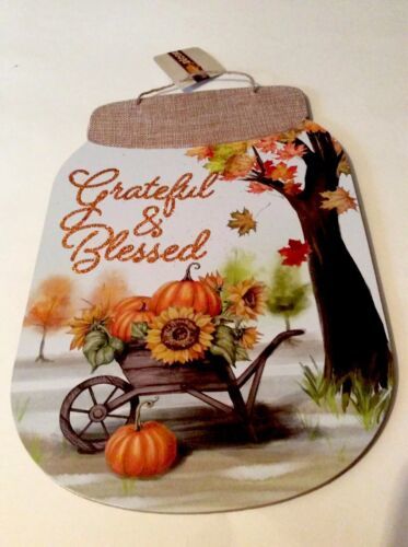 Mason Jar Shaped Fall Sunflower Pumpkin Burlap Sign Wall Art Hanging Doo... - $4.54