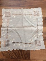 Vintage unused Ivory SILK Punched Border Embroidered Flowers Wedding hanky - £21.24 GBP