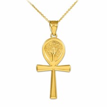 14K Solid Real Yellow Gold Ankh Cross Tree of Life Pendant Necklace - £172.53 GBP+