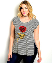 Check It Out Plus Ladies Top Striped Sequin-Rose Short-Sleeve Size XL - £19.53 GBP
