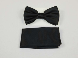 Men&#39;s Bow Tie Hankie by J.Valintin Collection #111325 Solid Black Satin - £15.61 GBP