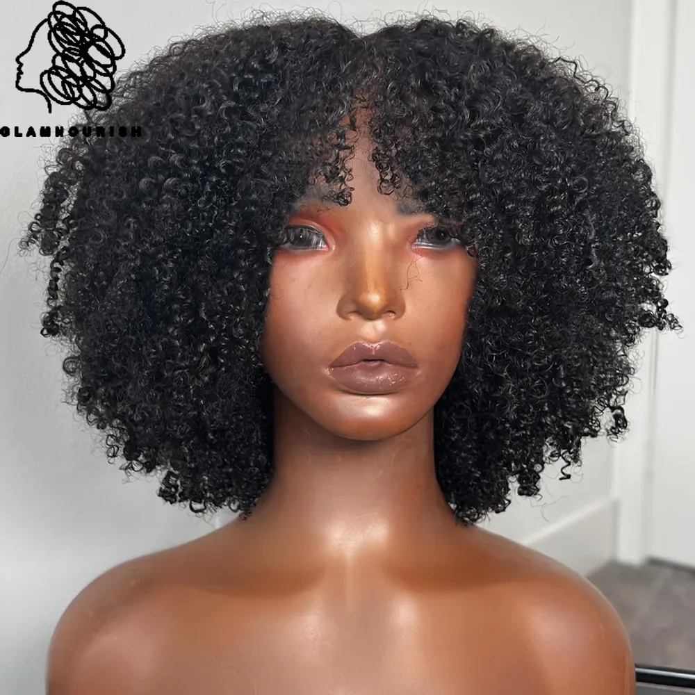 Afro Kinky Curly Human Hair Wigs with Bangs Short Brazilian Remy Human Ha - £50.30 GBP+