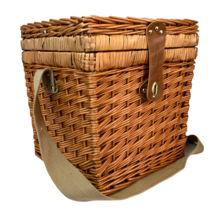 Wicker Picnic Basket Large With Plates Utencils Wine Glasses Napkins Appears New - £37.81 GBP