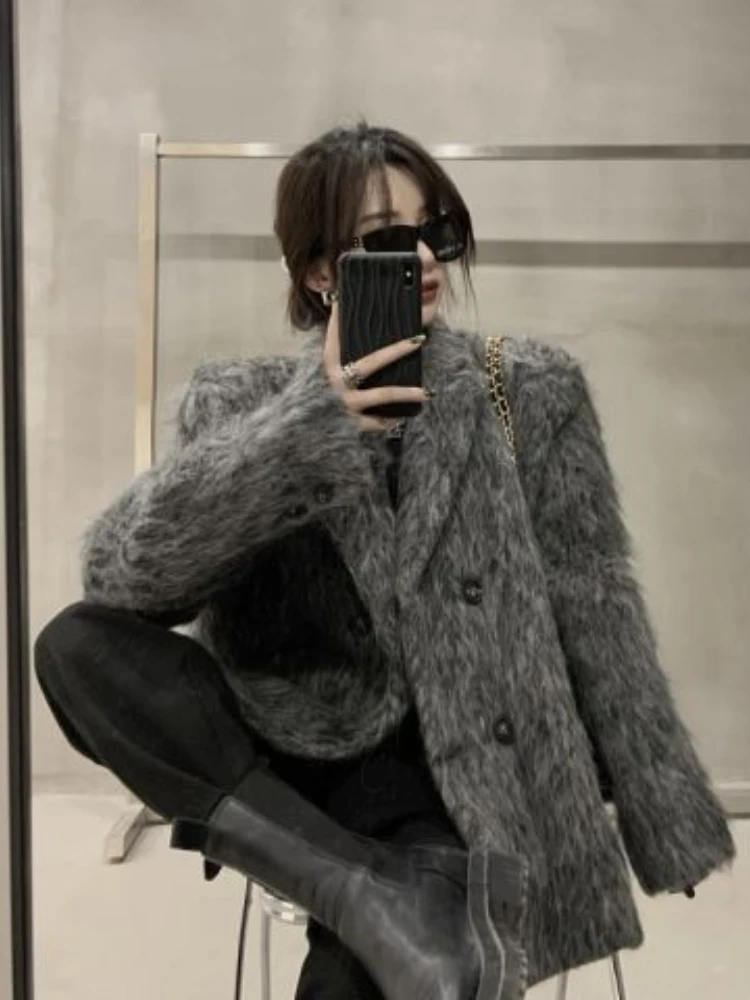 UNXX  Winter  Short - Design Korean Gray Fur Wool Blazer Retro Suit Woolen Coat  - £272.23 GBP
