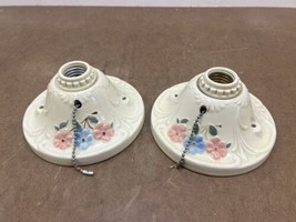 Vintage Ceiling Light Fixture Set porcelain round flush mount lamp floral lot 2 - £39.81 GBP