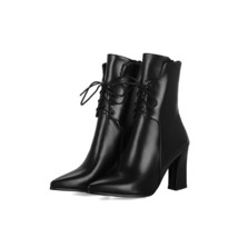 New Women Boots Leather Ankle Boots Fashion Lace Up Square High Heels Boots Autu - $96.20