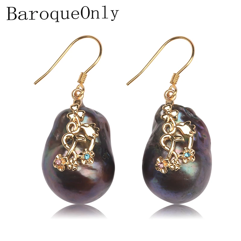 BaroqueOnly 925 Sterling Silver natural Pearl hudge size black pearl long drop - £44.40 GBP
