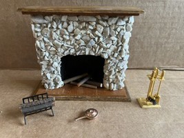 Vtg Stone Fireplace Dollhouse Scale Wood Logs Holder Brush Shovel Bed Warmer - £39.52 GBP