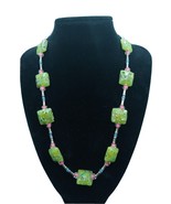 Beautiful Green Millfiori Glass And Bead Silvertone Necklace 9&quot;L - £10.09 GBP