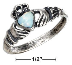 Sterling Silver Ring Claddagh Ring with White Synthetic Opal Heart - £86.99 GBP