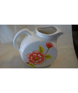 VINTAGE HAND MADE POTTERY CERAMIC PITCHER, WHITE WITH RED FLOWERS, YELLO... - £31.60 GBP