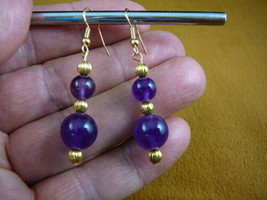 EE474-E) 8 + 12mm Purple amethyst crystal gemstone beaded dangle gold earrings - £14.18 GBP