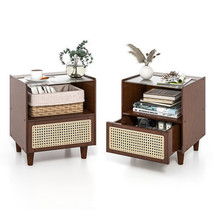 2 Pieces Bamboo Rattan Nightstand with Drawer and Solid Wood Legs-Brown - Color: - £104.72 GBP