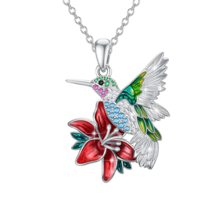 Hummingbird &amp; Red Flower Pendant Necklace - New - £13.29 GBP