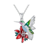 Hummingbird &amp; Red Flower Pendant Necklace - New - £13.31 GBP