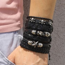 Fashion 6Pcs Set Punk Star Metal Multilayer Leather Bracelet Men Bracelets &amp; Ban - £11.78 GBP