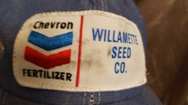 K products Chevron Fertilizer Patch Blue Mesh Trucker Hat Vtg Willamette seedco - £19.53 GBP