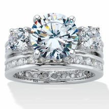 PalmBeach Jewelry Platinum Plated Silver Round CZ Eternity Bridal Ring Set - £22.35 GBP