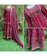 Pakistani Maroon Long Maxi Style Embroidered Sequins Chiffon Dress,Xl - $153.45