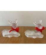 Set of 2 Vintage Frosted Glass Reindeer With Red Bows  Candlestick Holders - $27.14 CAD
