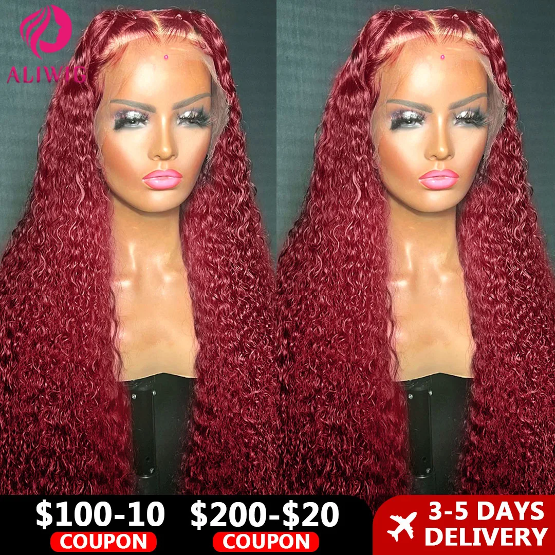 99J Burgundy Curly Lace Front Human Hair Wigs For Black Women Colored Wine Red - £72.38 GBP+