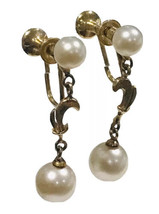 rare  14K Yellow Gold Signed mikimoto pearl screw back dangle earrings - £639.42 GBP