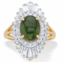 Oval Green Jade And Baguette Cz Ring Gp 14K Gold Sterling Silver 7 8 9 10 - £160.35 GBP