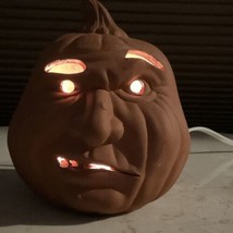 Vintage Jack O Lantern Pumpkin Halloween Scowling Face Ceramic Terra Cotta Clay - $67.21