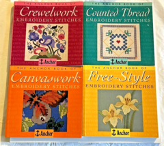 4 Embroidery Stitches Anchor Books Canvas Crewel Free-Style Counted Thread - £25.49 GBP